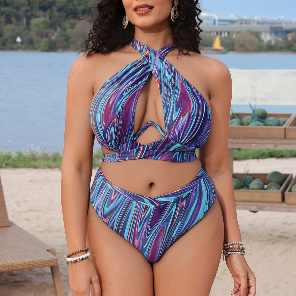 Plus Size Color Rendering Sexy Cross Bikini Swimsuit Two Piece