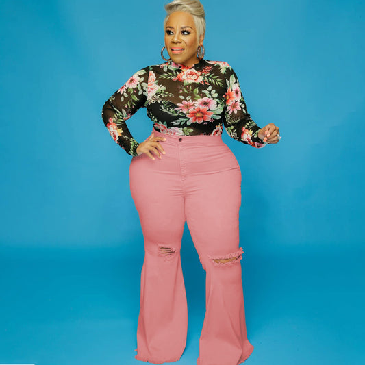 Plus Size Spot Hole Speaker Solid Color Street Trendy Women Jeans