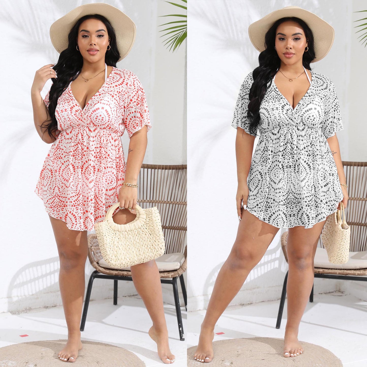 Plus Size Women Deep V Plunge-neck Supply Summer Beach Vacation Blouse Print Irregular Asymmetric Dress