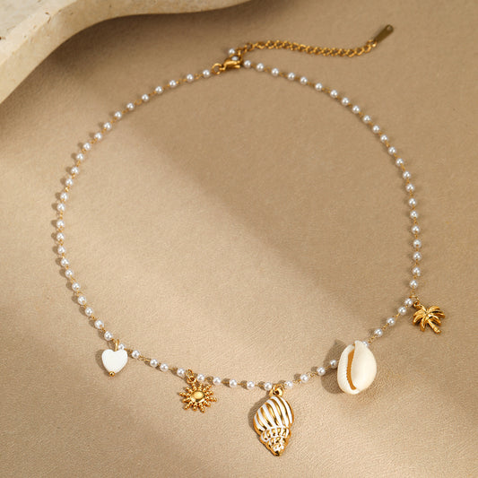 Marine Elements Stainless Steel Imitation Pearl Necklace Conch Clavicle Chain