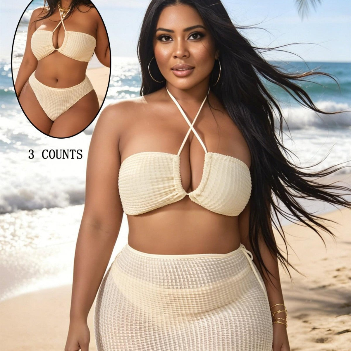 Plus Size Cross Halterneck Sexy Split Bikini Overskirt Three Piece Sets