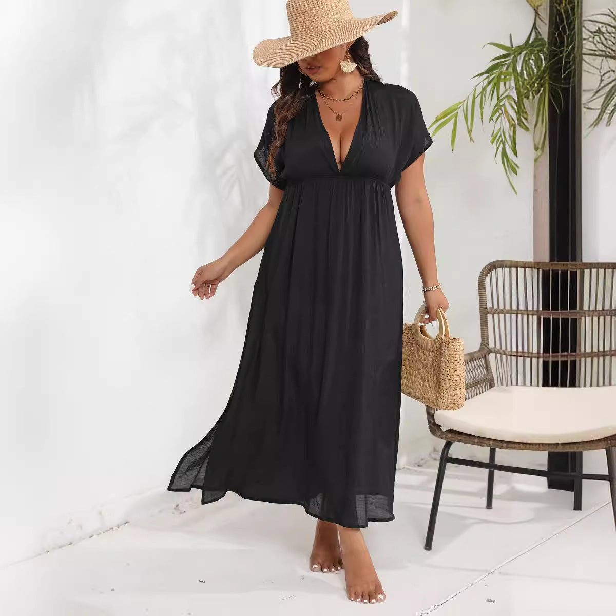 Plus Size Women Dress Beach Cover up Women Split Deep V Plunge neck Backless Waist Dress