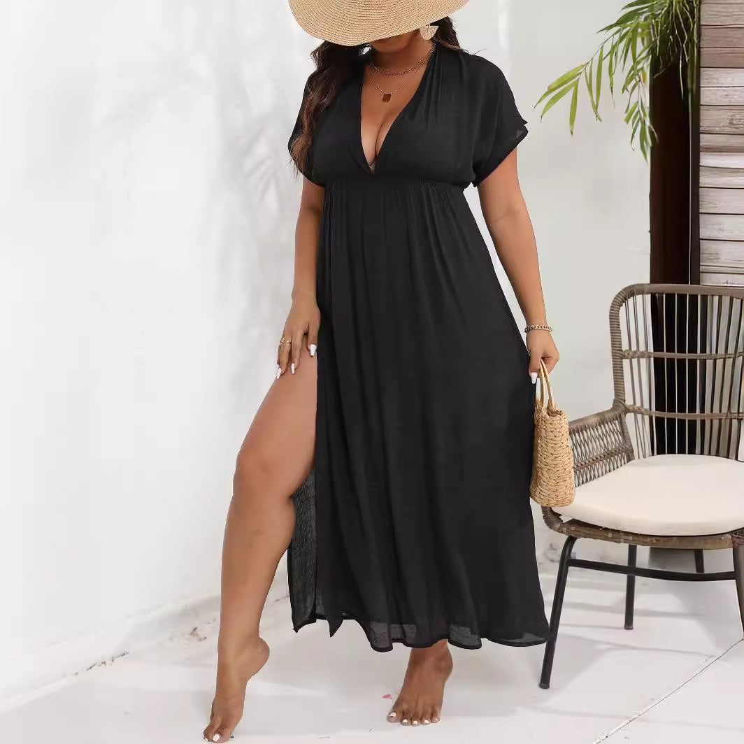 Plus Size Women Dress Beach Cover up Women Split Deep V Plunge neck Backless Waist Dress