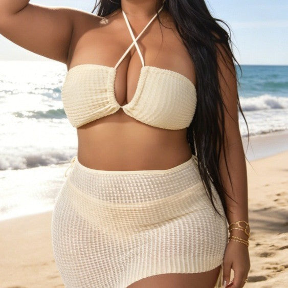 Plus Size Cross Halterneck Sexy Split Bikini Overskirt Three Piece Sets