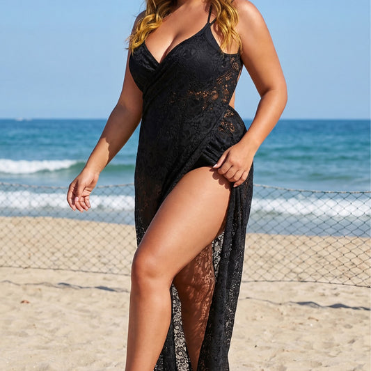 Plus Size Supply Women Clothing Sexy See through Lace Irregular Asymmetric Multi Functional Sling Beach Holiday Dress