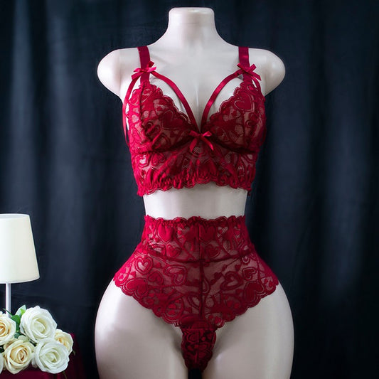 Plus Size Women Sexy Underwear Heart Shaped Lace Stitching Light Transparent Hollow Out Cutout Slim Fitting Back Shaping Two Piece Sets