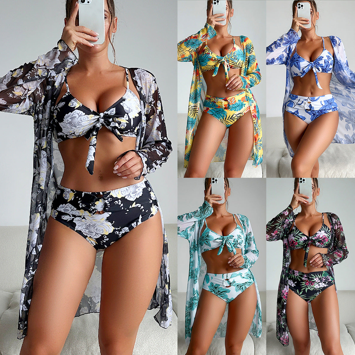 Swimsuit Women Two Piece Printed Long Sleeve Internet Celebrity Bikini Three Piece Swimsuit