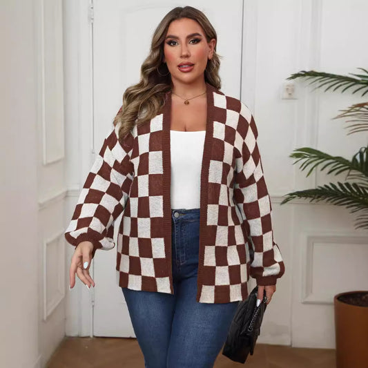 Plus Size Women Cardigan Color Contrast Patchwork Chessboard Plaid Loose Casual Sweater Coat