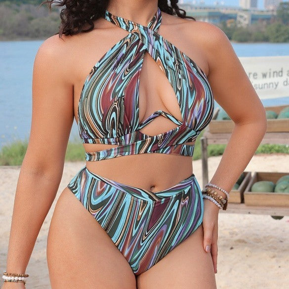 Plus Size Color Rendering Sexy Cross Bikini Swimsuit Two Piece