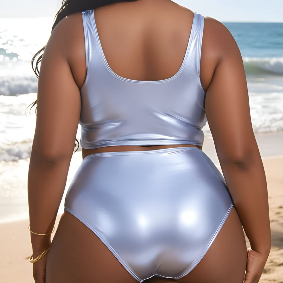 Plus Size Bronzing Vest Solid Color Back Split Bikini Set
