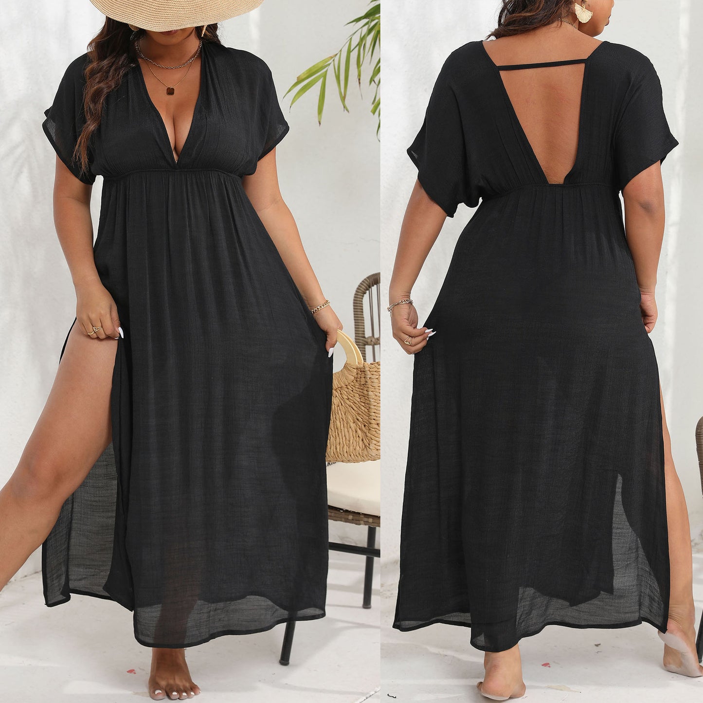 Plus Size Women Dress Beach Cover up Women Split Deep V Plunge neck Backless Waist Dress