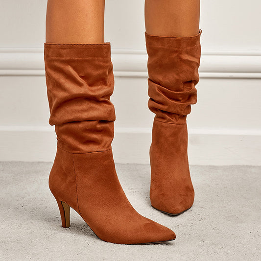 Spring Catwalk Wrinkled Surface Slip on Suede Stiletto Heel Women High Heel Boots
