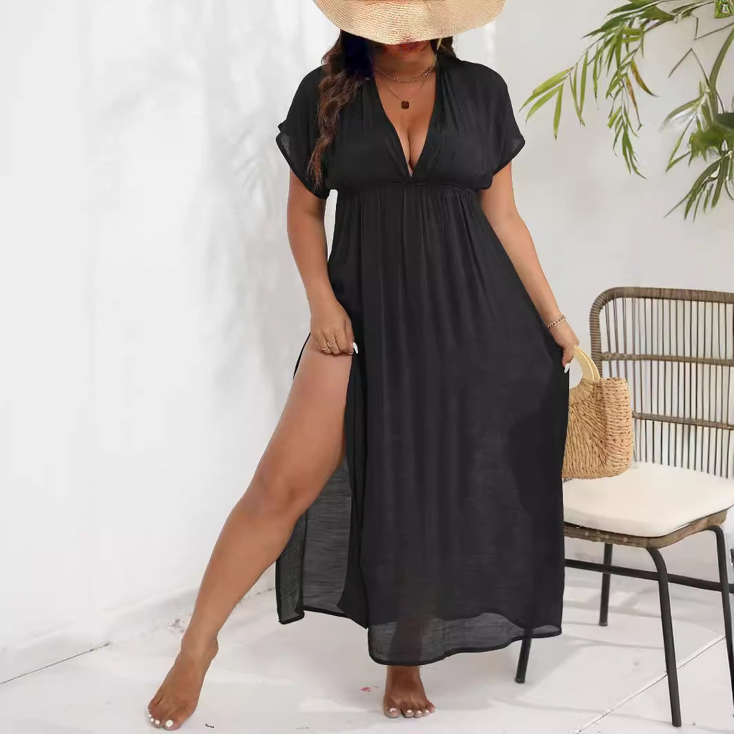 Plus Size Women Dress Beach Cover up Women Split Deep V Plunge neck Backless Waist Dress