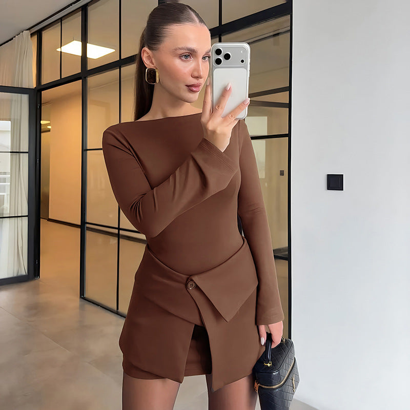 Women Clothing Winter Micro Pull Long Sleeve Short Dress Fold Button Two Piece Overskirt Set