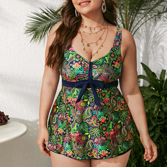Plus Size Floral Split Swimsuit Female Tied Swimsuit
