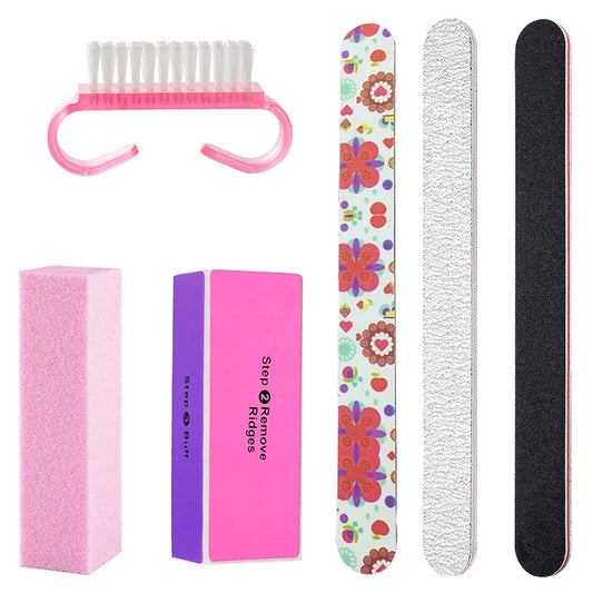 6Pcs/Set Nail Manicure Kit with Sanding Nail Files Buffing Blocks, Cleaning Brush Nail Art Accessories Tools