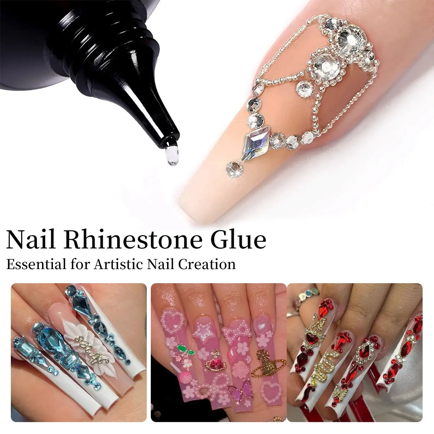 Nail Rhinestone Glue Gel for Decoration Nails 30ml Super Strong Adhesive Gel DIY 3D Nail Crystals Gem Jewels Glitter