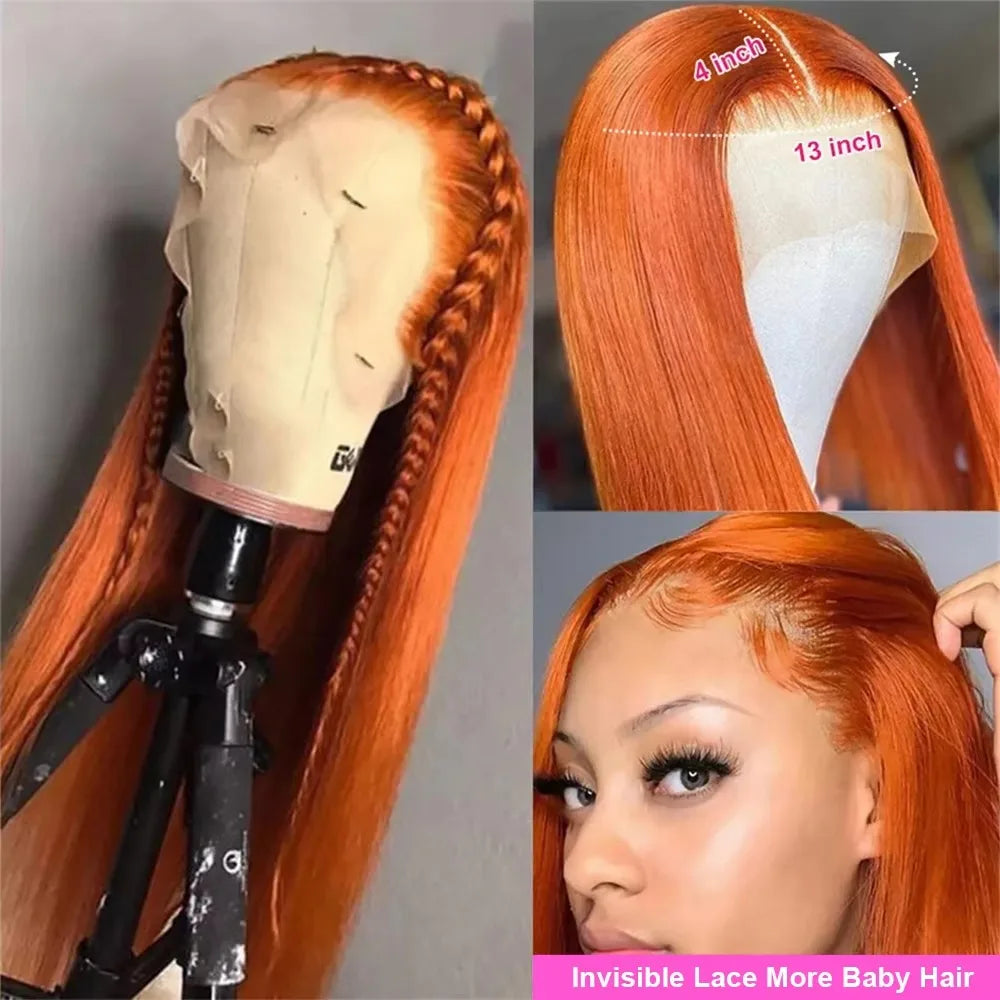 Bone Straight Ginger Orange Lace Frontal Wig 30 Inch 13x6 Lace Front Human Hair Wigs High Density Colored Brazilian Wig Women
