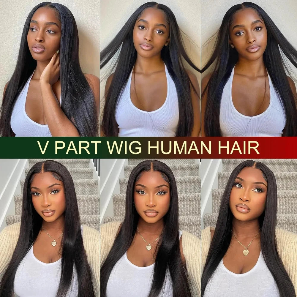 No Glue Straight V Part Wig 100% Human Hair 16-32 Inch Upgraded Wigs 200% Density Remy Hair No Leave Out Side Part Wig For Women