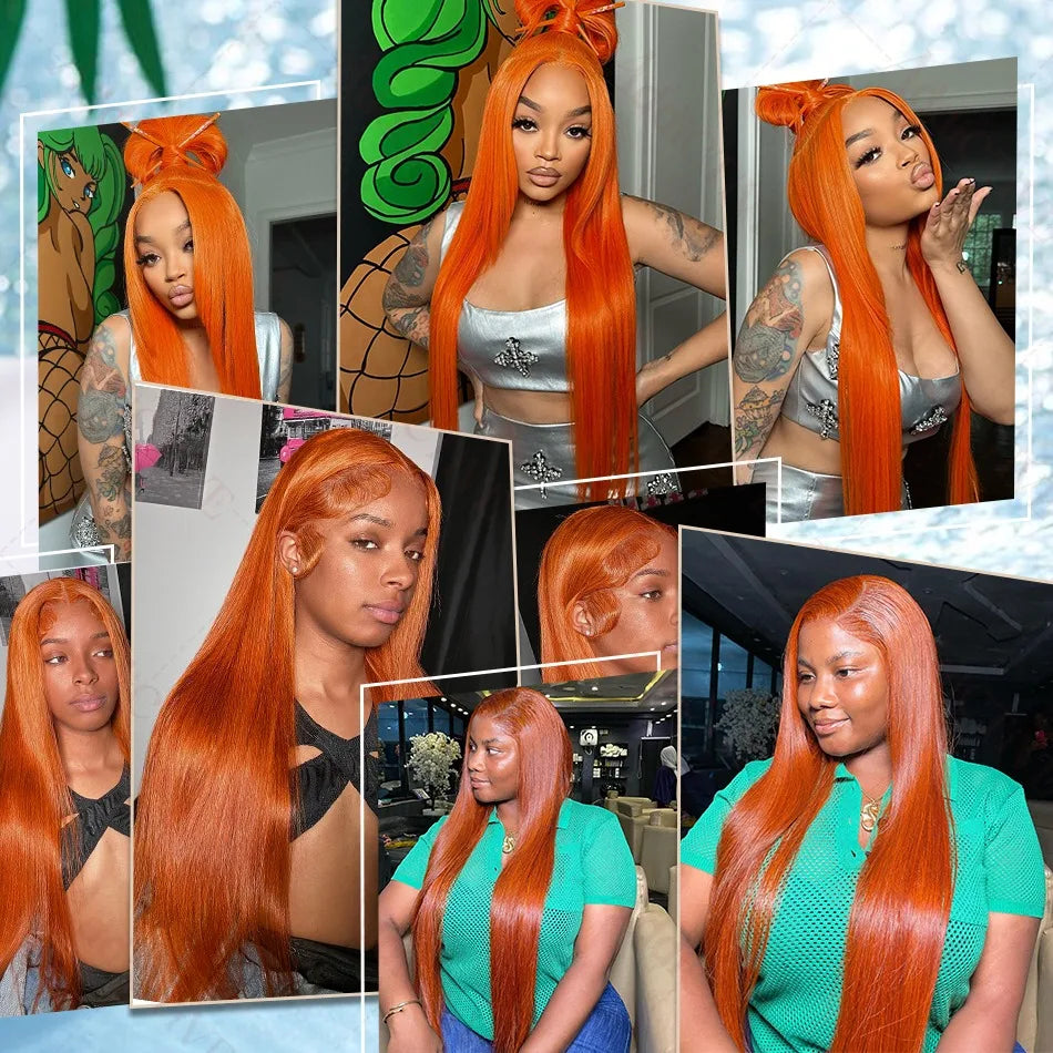 Bone Straight Ginger Orange Lace Frontal Wig 30 Inch 13x6 Lace Front Human Hair Wigs High Density Colored Brazilian Wig Women